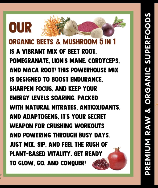 Cherie Sweet Heart Organic Beets & Mushroom 5 in 1 - Beet Root Powder, Mushroom Powder, 8 oz Jar, USDA Organic