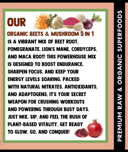 Cherie Sweet Heart Organic Beets & Mushroom 5 in 1 - Beet Root Powder, Mushroom Powder, 8 oz Jar, USDA Organic