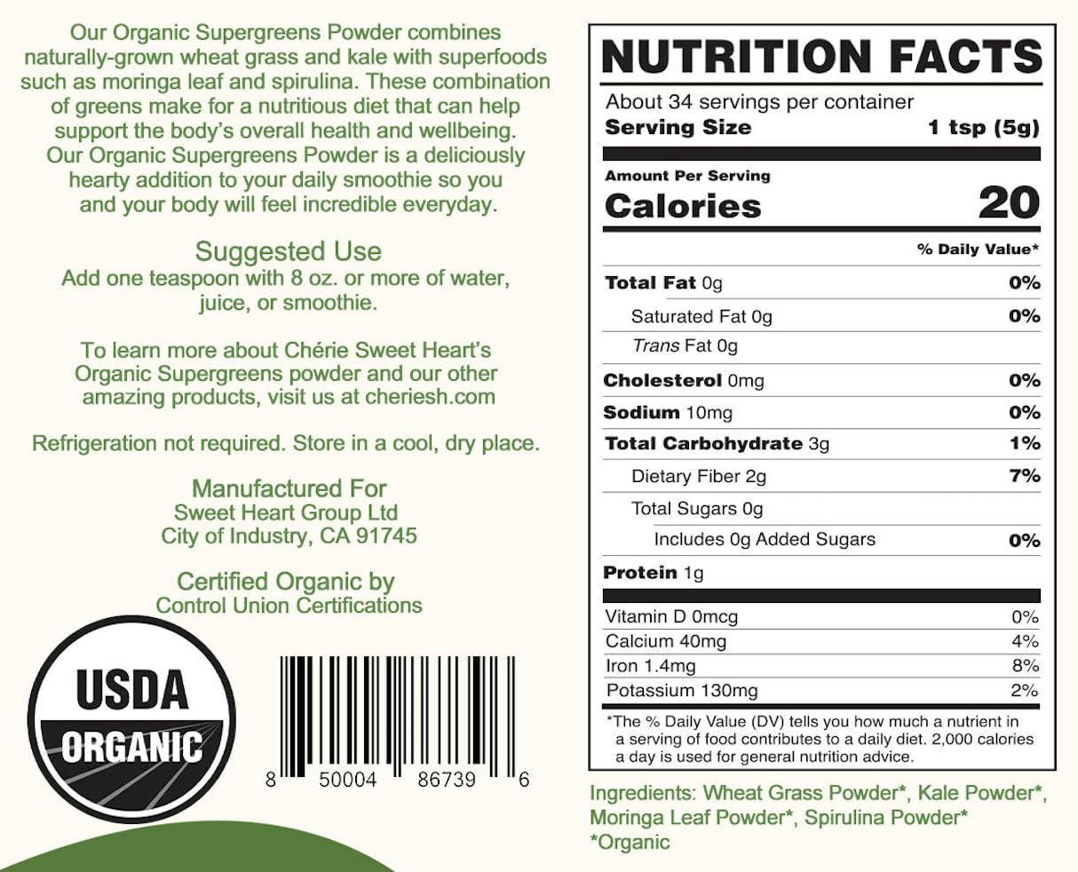 Cherie Sweet Heart Supergreens Powder | Organic Greens & Smoothie Superfood (6 oz, 34 Servings)