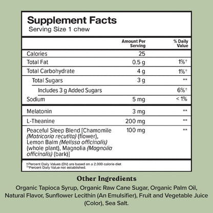 Chewsy Peaceful Sleep Chews - Sleep Support with 3 mg Melatonin, 200 mg L-Theanine, Chamomile & Lemon Balm | 6-Day Supply
