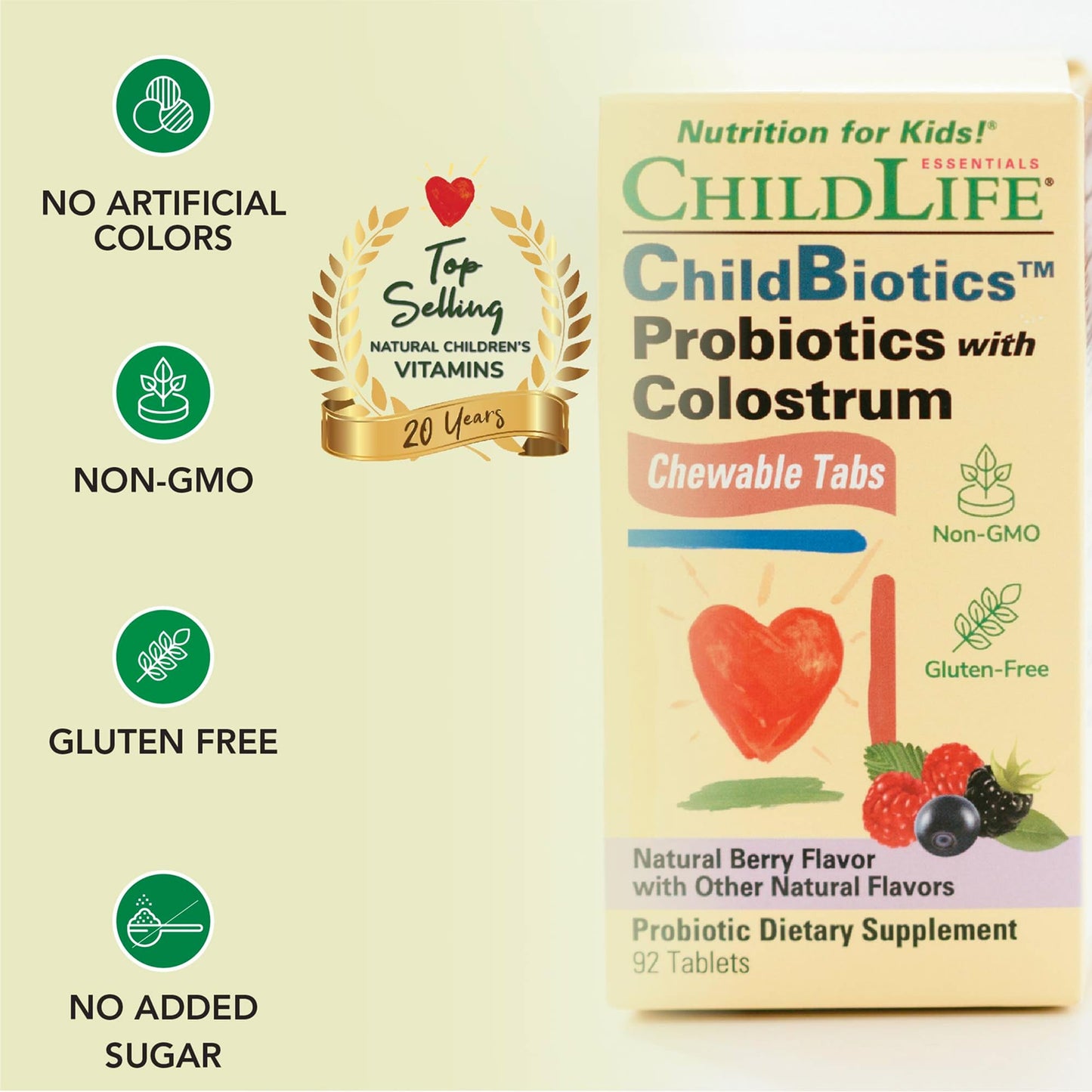 CHILDLIFE ESSENTIALS ChildBiotics with Colostrum – Probiotics for Kids, Berry Chewables, 92 Tablets (Pack of 2)