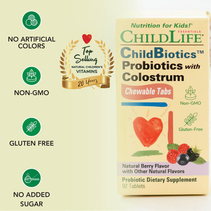 CHILDLIFE ESSENTIALS ChildBiotics with Colostrum – Probiotics for Kids, Berry Chewables, 92 Tablets (Pack of 2)