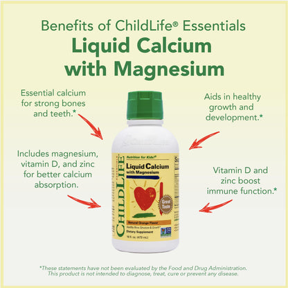 ChildLife Essentials Liquid Calcium for Kids — Orange Flavor with Magnesium, Zinc, and Vitamin D3 | 16 fl oz (4 Pack)