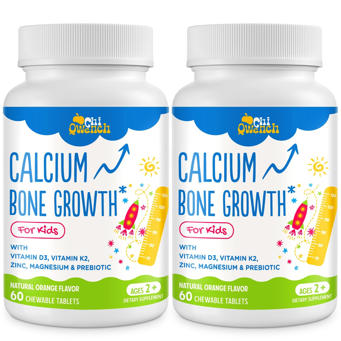 ChiQwench 500 mg Calcium + D3 & K2 with Zinc, Magnesium & Prebiotics – Orange Chewables for Kids’ Bone Health, Gluten Free, 120 Tabs