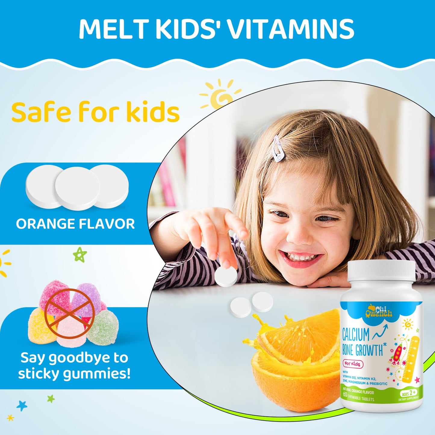 ChiQwench 500 mg Calcium + D3 & K2 with Zinc, Magnesium & Prebiotics – Orange Chewables for Kids’ Bone Health, Gluten Free, 120 Tabs