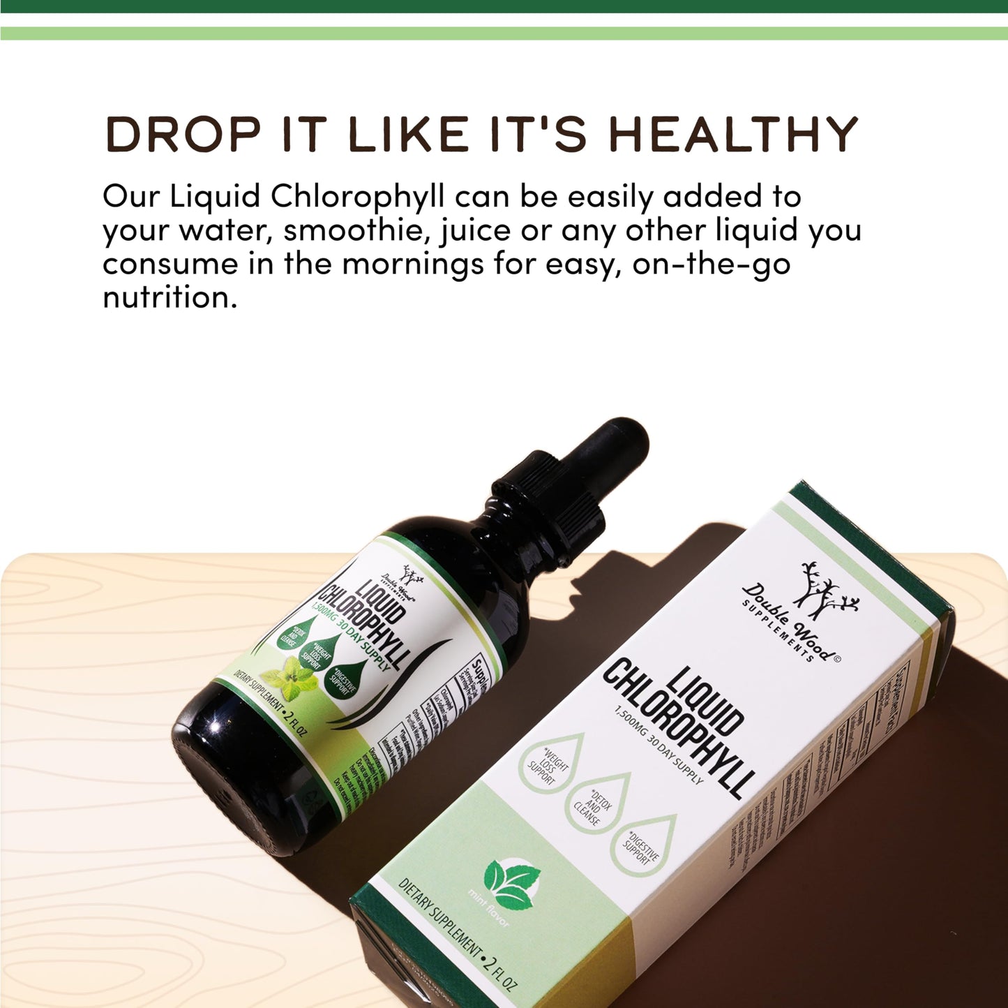 Chlorophyll Liquid Drops Peppermint 2oz by Double Wood – Digestion, Gut Health, Energy & Detox | Vegan Safe