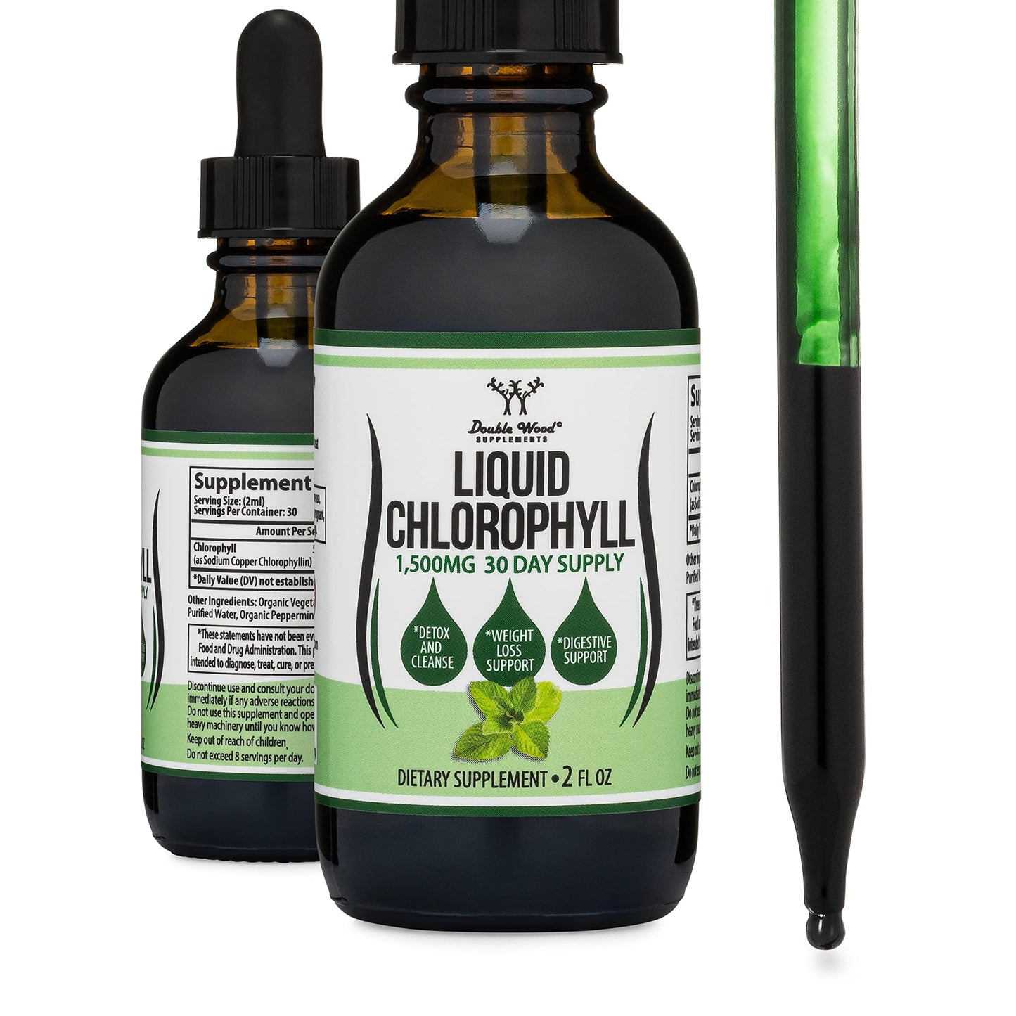Chlorophyll Liquid Drops Peppermint 2oz by Double Wood – Digestion, Gut Health, Energy & Detox | Vegan Safe