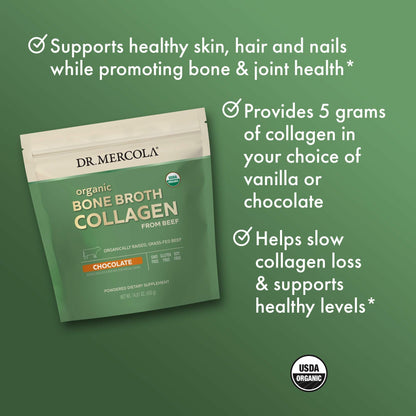 Dr. Mercola Organic Bone Broth Collagen Powder - Supports Bone Health & Muscle Growth - USDA Organic, Non-GMO, Gluten-Free & Dairy-Free - 30 Servings - Chocolate Flavor
