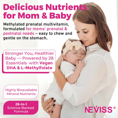 NEVISS Prenatal Multivitamin Gummies for Women – Methylfolate 1mg, DHA+EPA, Iron, Choline, Sugar-Free, 120 Count