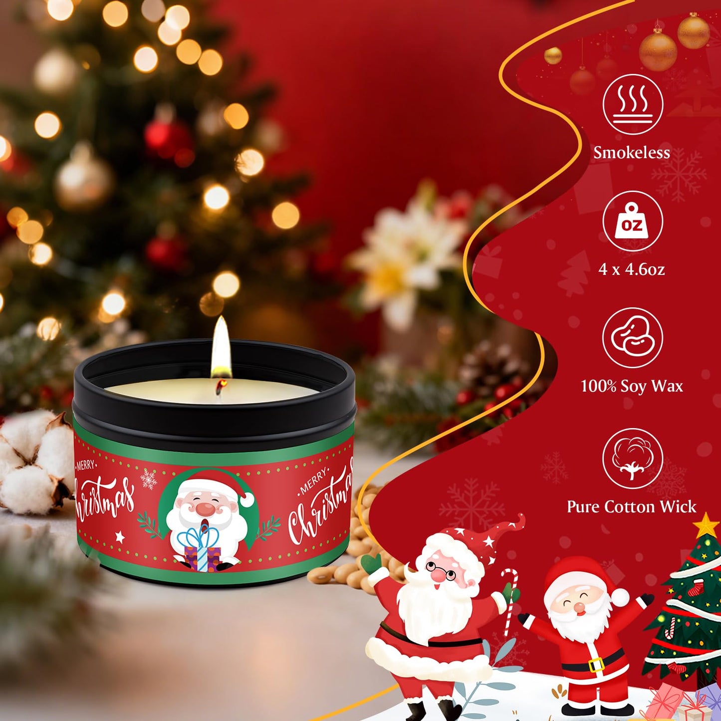 Christmas Candles Gift Set — 4 x 4.6oz Scented Soy Candles, Long-Lasting Aromatherapy