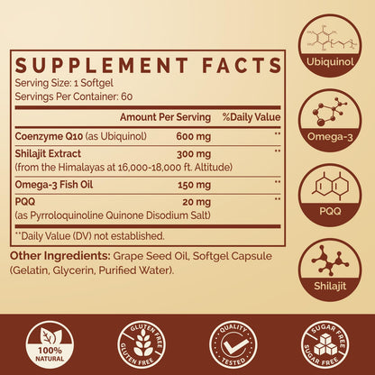 Ciaceae Ubiquinol CoQ10 600 mg Softgels with Omega-3 & Shilajit + PQQ – Dual-Delivery CoQ10 for Energy, Heart & Brain | 60 Servings