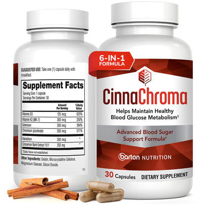 CinnaChroma Capsules by Barton Nutrition – Cinnamon 10:1 Extract + Chromium, D3 & K2 | 30 Capsules