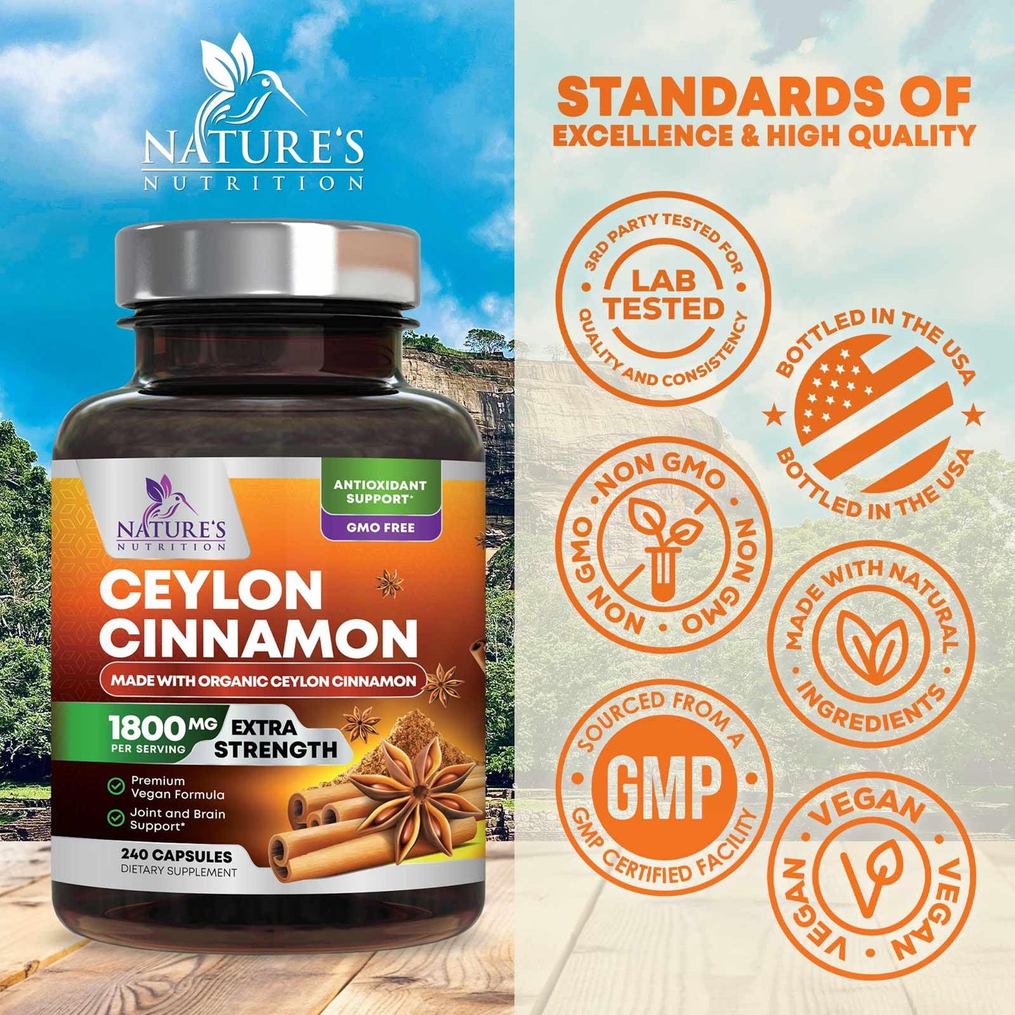 Organic Ceylon Cinnamon 1800mg Supplement – 240 Capsules (USA Bottled)
