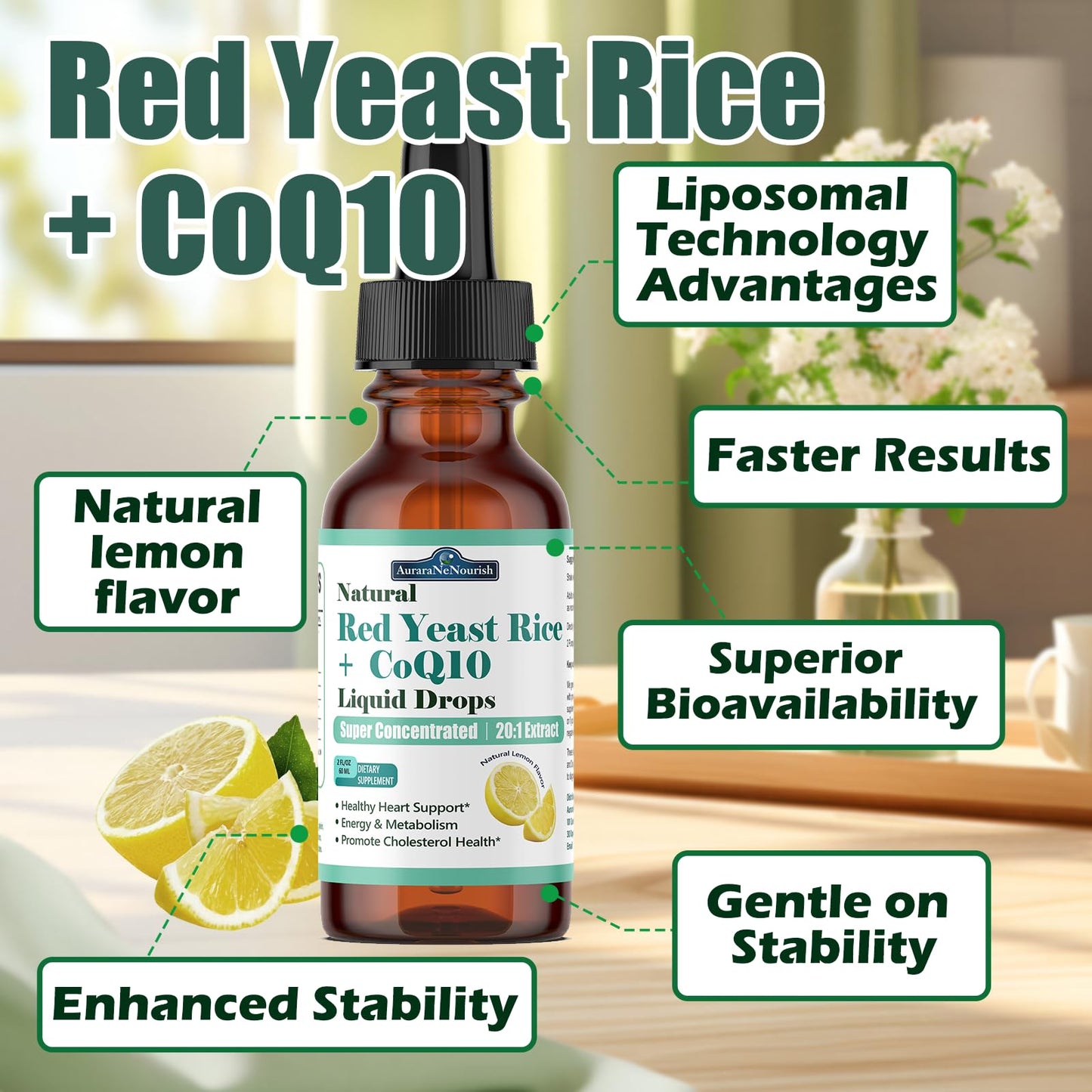 Red Yeast Rice with CoQ10 Liposomal Drops – 1200mg, 5-in-1 Cholesterol Support