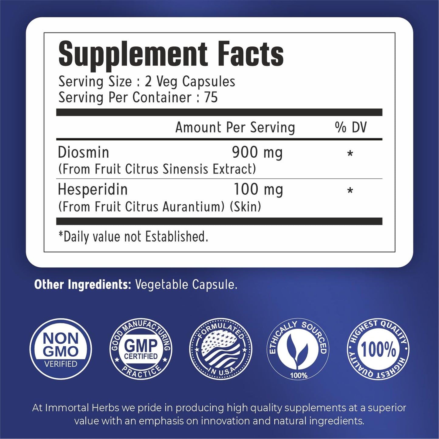 Immortal Herbs Diosmin Hesperidin 1000mg Complex – 150 Vegan Capsules | Gluten Free & Non-GMO