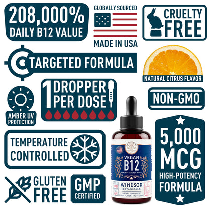 Vegan Vitamin B12 Liquid 5000 mcg | Sublingual Methylcobalamin Drops - 2oz