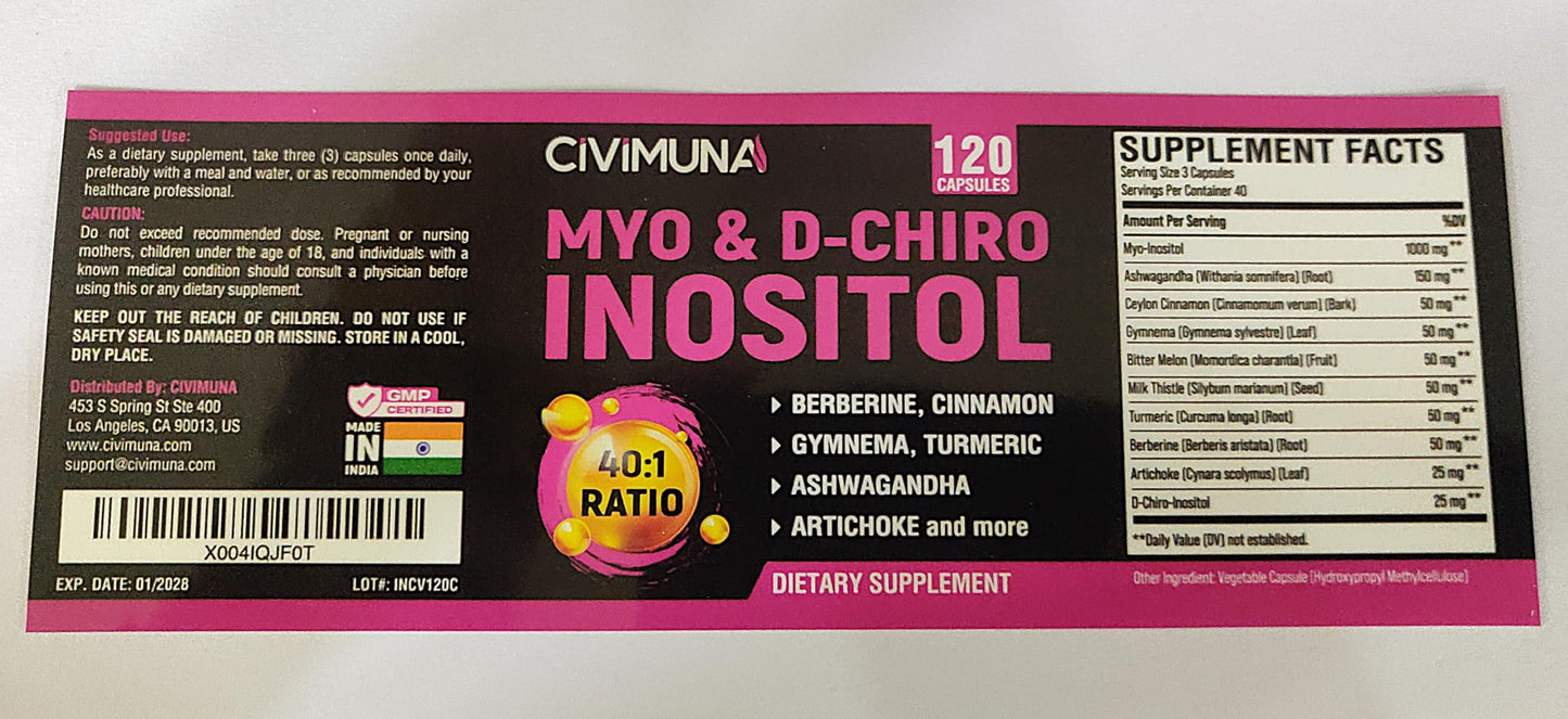 CIVIMUNA Inositol Supplement – Myo-Inositol & D-Chiro-Inositol with Ashwagandha, Cinnamon, Berberine – 120 Capsules