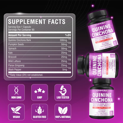 CIVIMUNA Quinine Cinchona Bark Capsules – 90 Count for 3 Months