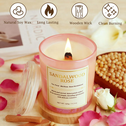 CJVIUS 2 Pack Candles – Wood Wick Sandalwood Rose, 22.6 oz, 150 Hour Burn Time, Natural Soy Wax Gift Set