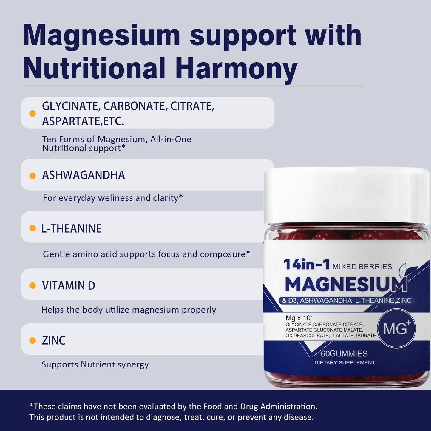 CKPCKP 14-in-1 Magnesium Gummies with Ashwagandha, L-Theanine, Vitamin D3 & Zinc – Magnesium Glycinate for Women – 60 Gummies