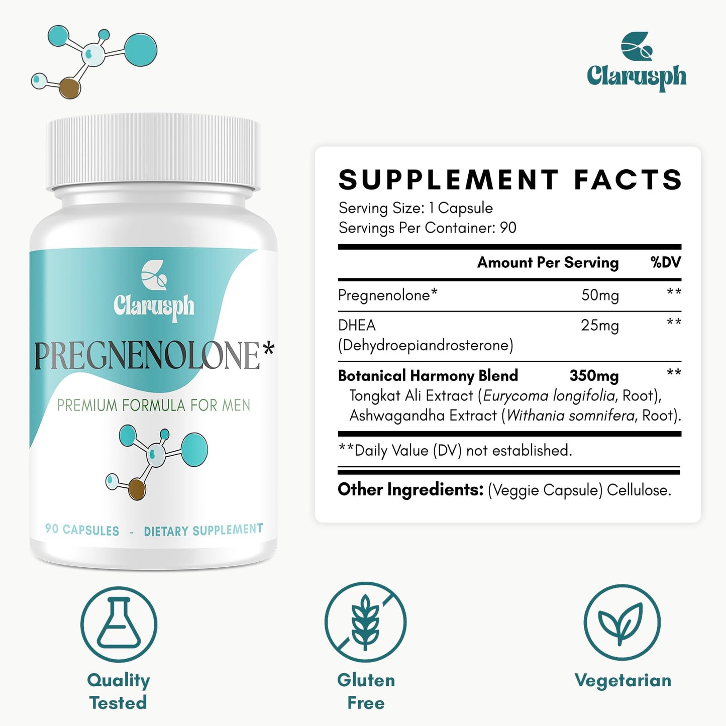 Clarusph Pregnenolone 50mg for Men + DHEA 25mg – 90 Capsules