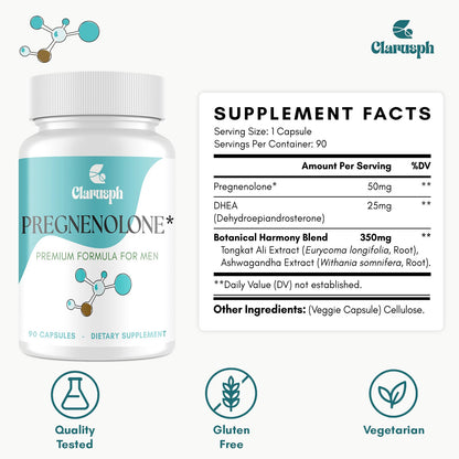 Clarusph Pregnenolone 50mg for Men + DHEA 25mg – 90 Capsules