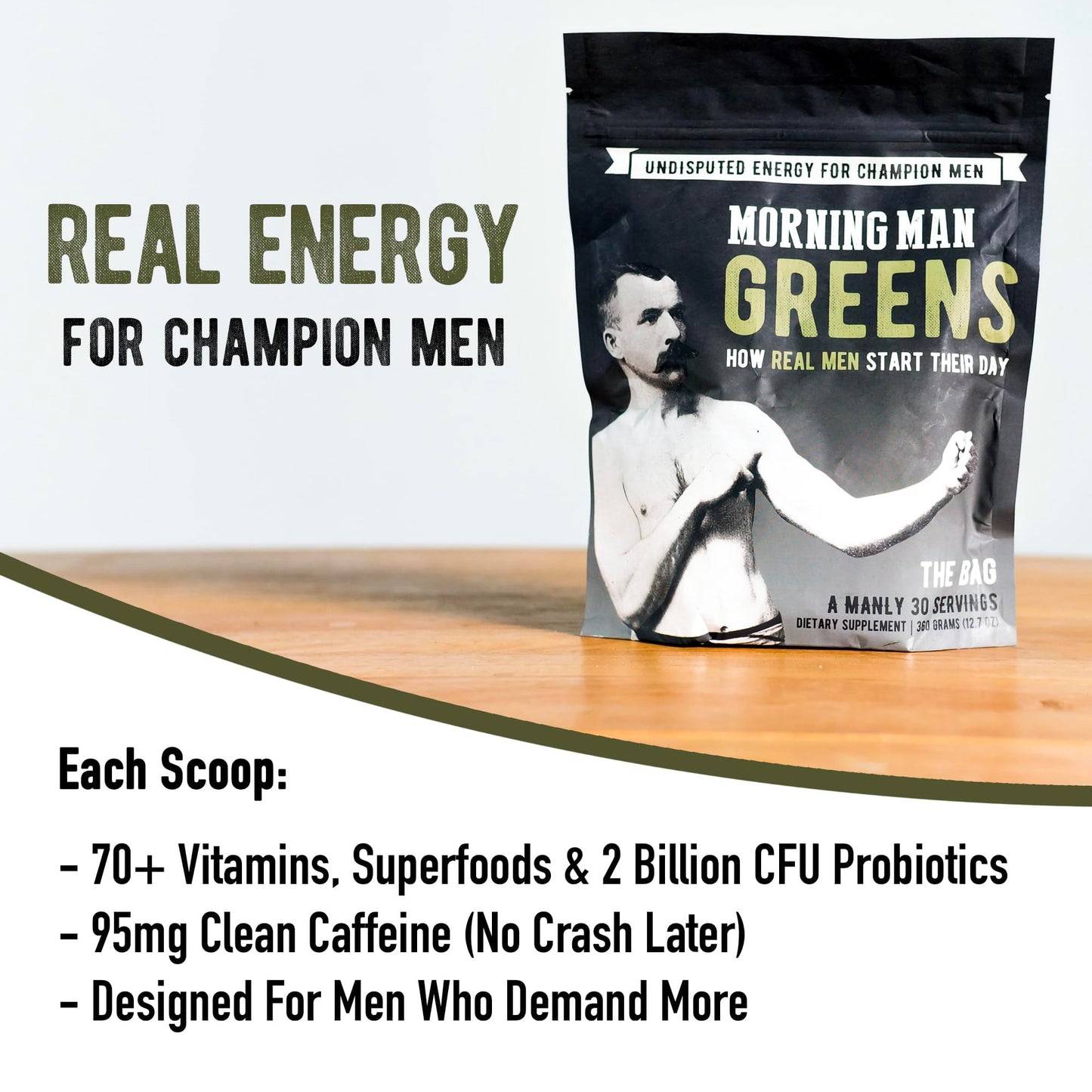 Morning Man Greens Probiotic Superfood Mix – 95mg Caffeine, 75+ Vitamins, Gluten Free, Vegan, 30 Servings