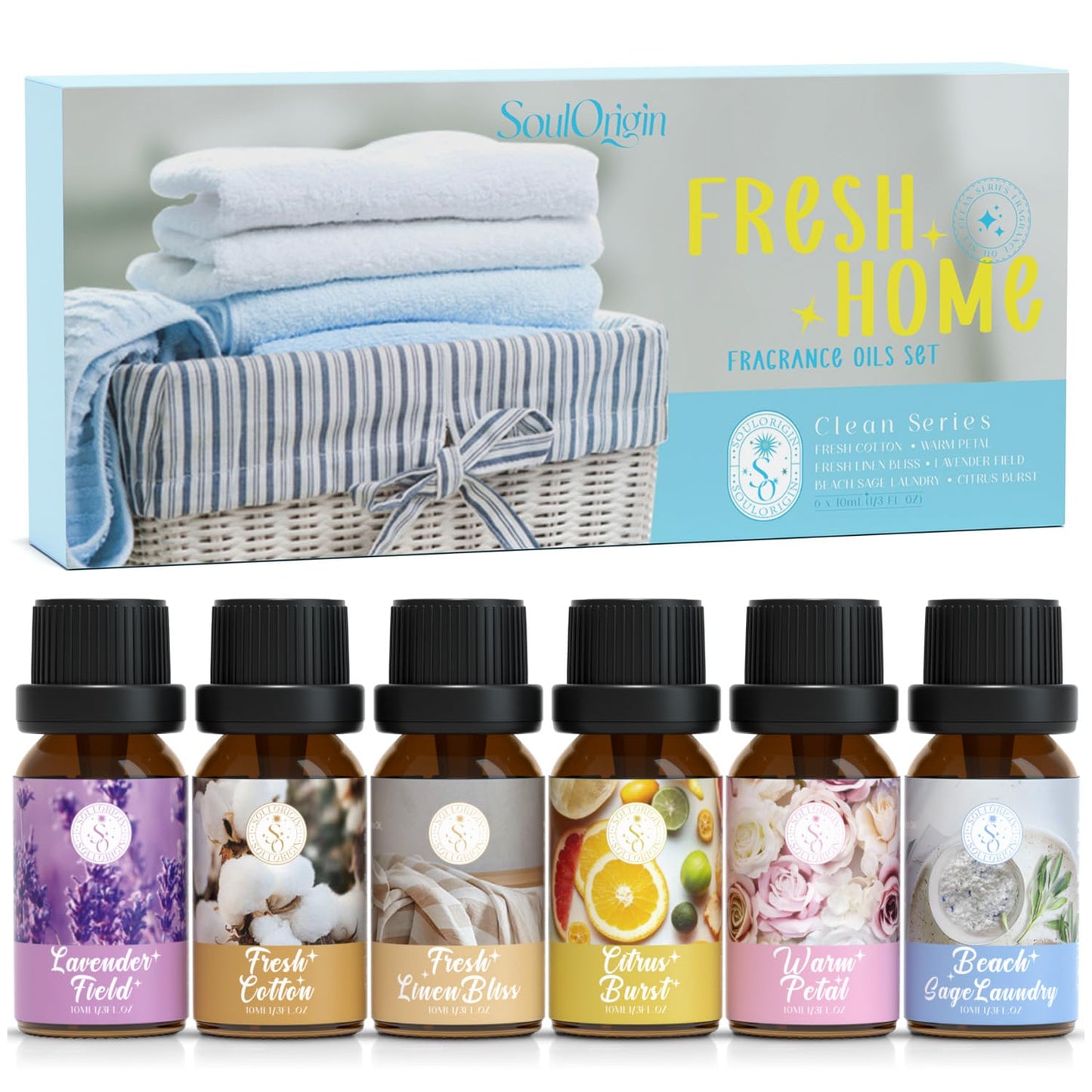Clean Essential Oils Set 6x10ml – Diffuser Gift Set (Beach Sage, Citrus Burst, Lavender Fields, Fresh Linen, Warm Petals, Fresh Cotton)