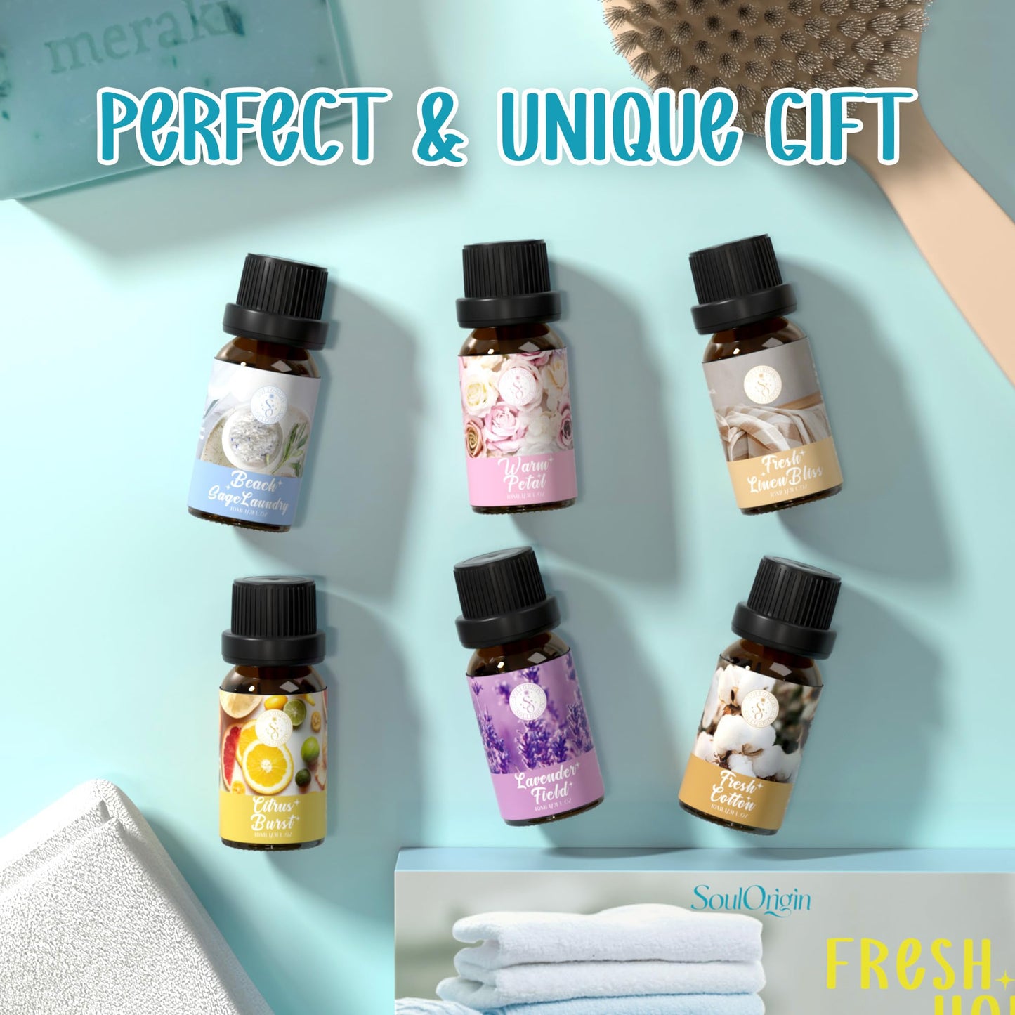 Clean Essential Oils Set 6x10ml – Diffuser Gift Set (Beach Sage, Citrus Burst, Lavender Fields, Fresh Linen, Warm Petals, Fresh Cotton)