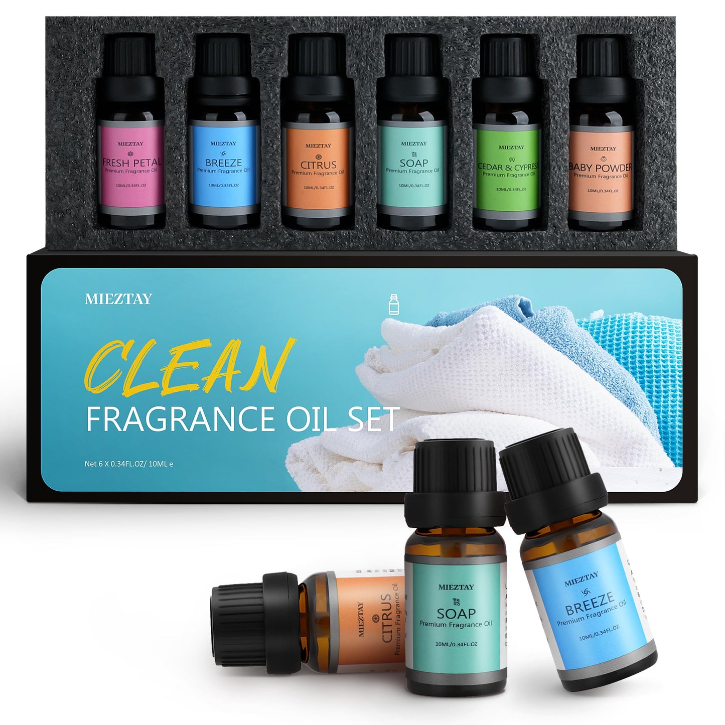 Clean Essential Oils Set - 6x10ml Fragrance Oils for Diffuser, Aromatherapy, Candle & Soap Making