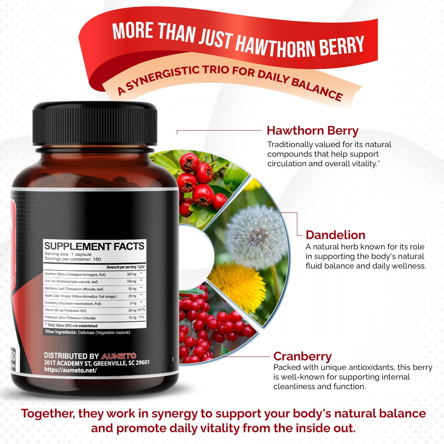 AUMETO 7-in-1 Hawthorn Berry Capsules – Heart & Kidney Support (150 Count)