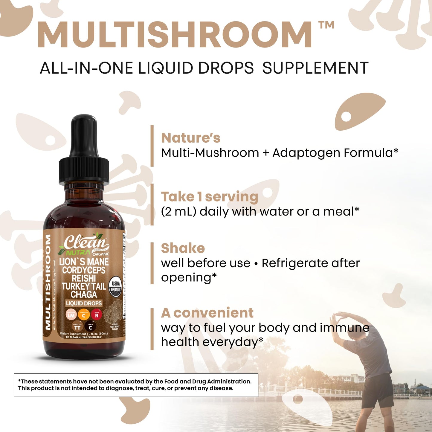 Clean Nutra Mushroom Liquid Drops | Lions Mane, Cordyceps, Reishi & Turkey Tail