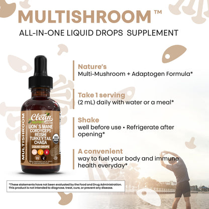 Clean Nutra Mushroom Liquid Drops | Lions Mane, Cordyceps, Reishi & Turkey Tail