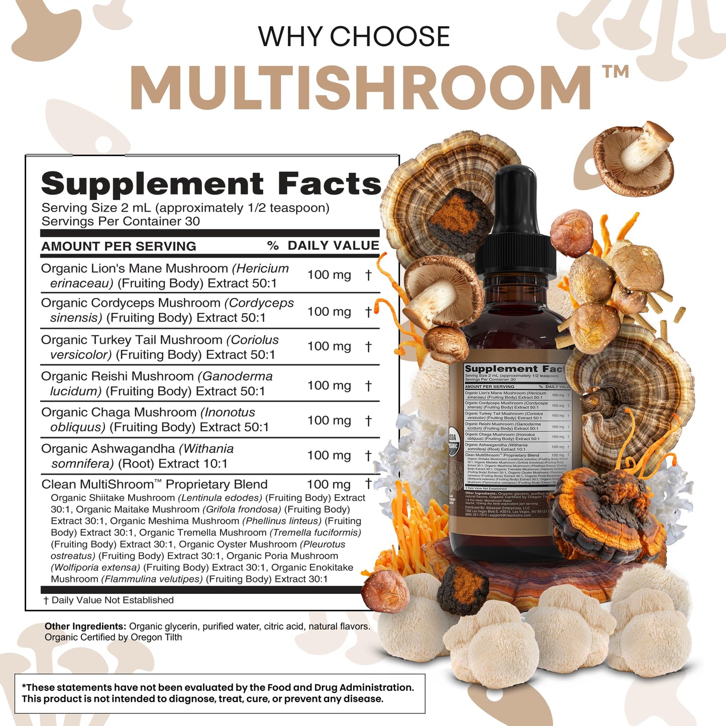 Clean Nutra Mushroom Liquid Drops | Lions Mane, Cordyceps, Reishi & Turkey Tail