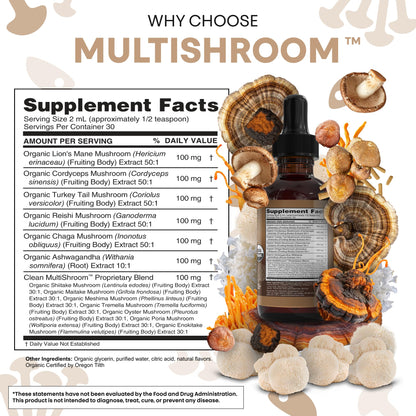 Clean Nutra Mushroom Liquid Drops | Lions Mane, Cordyceps, Reishi & Turkey Tail