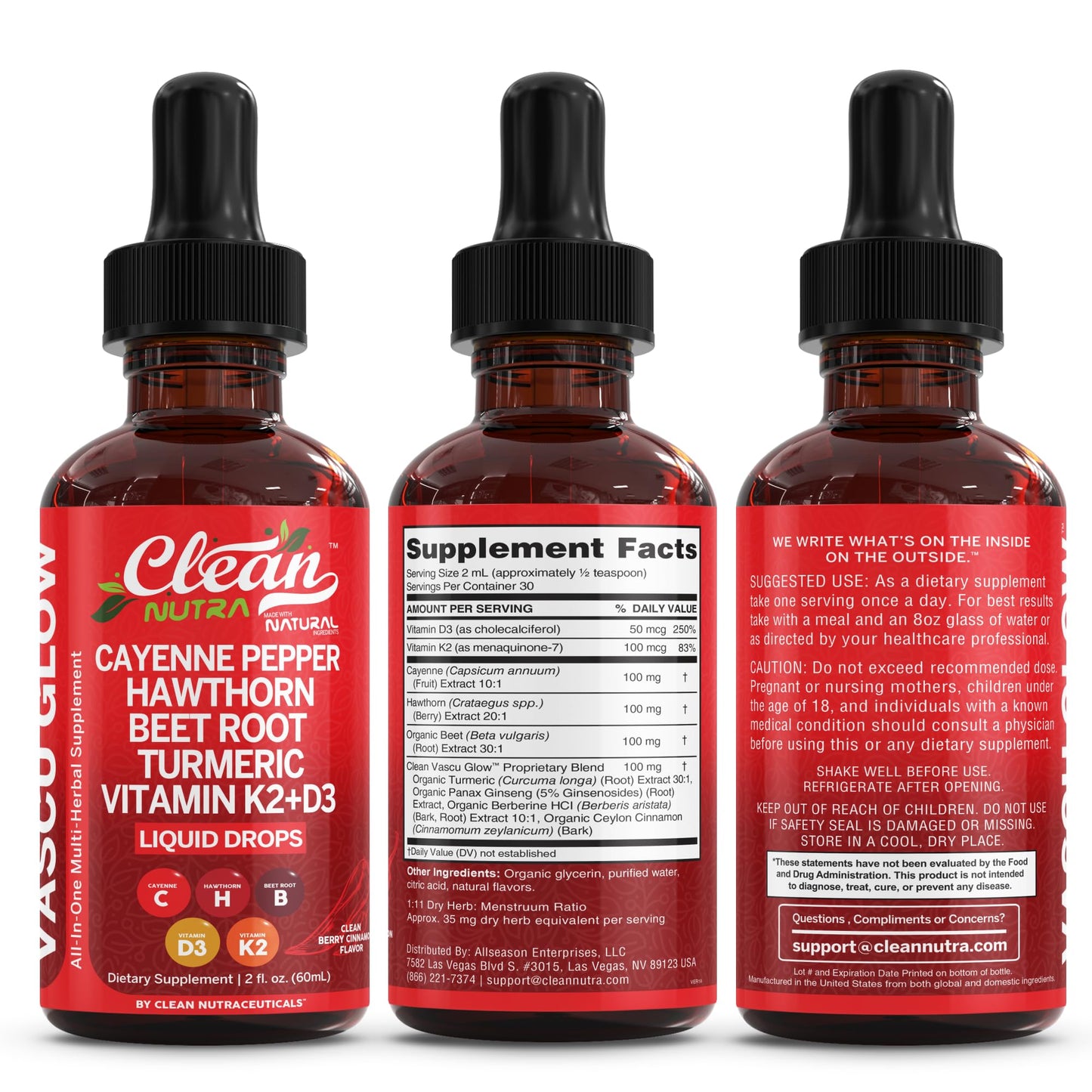 Clean Nutra Cayenne Pepper Drops Supplement Liquid + Hawthorn Berry, Vitamin D3 K2 Beet Root Powder, Ceylon Cinnamon, Turmeric Curcumin, Organic Panax Ginseng, Berberine Extract Organic (2)