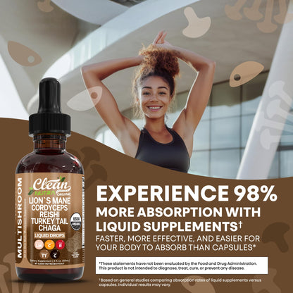 Clean Nutra Mushroom Liquid Drops | Lions Mane, Cordyceps, Reishi & Turkey Tail