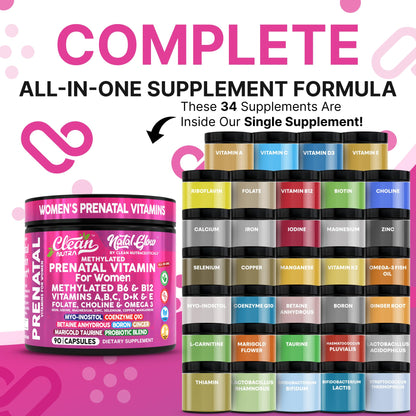 Clean Nutra Methylated Prenatal Vitamin for Women – Prenatal Vitamins with B6, B12, Folate & Omega-3