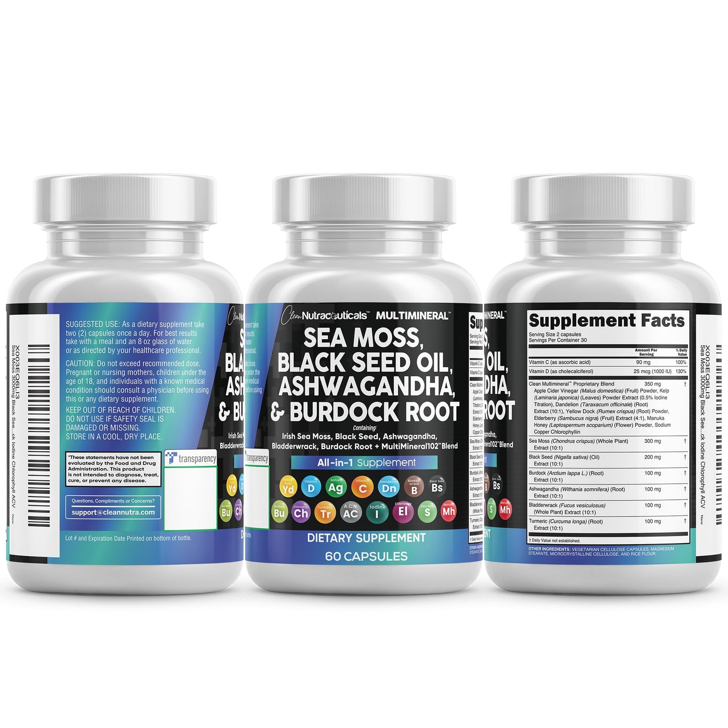 Clean Nutraceuticals 15-in-1 Sea Moss & Black Seed Oil 2-Pack | Ashwagandha Turmeric Blend