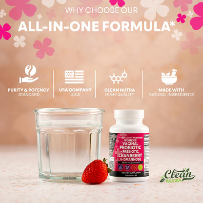 Clean Nutraceuticals Vaginal Probiotics + Prebiotics, 20B CFU Cranberry + D-Mannose Pills – 2-Pack
