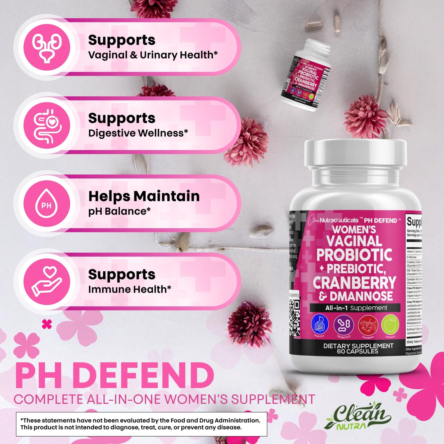 Clean Nutraceuticals Vaginal Probiotics + Prebiotics, 20B CFU Cranberry + D-Mannose Pills – 2-Pack