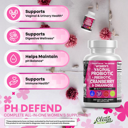 Clean Nutraceuticals Vaginal Probiotics + Prebiotics 20B – Cranberry & D-Mannose Urinary Health, 3-Pack