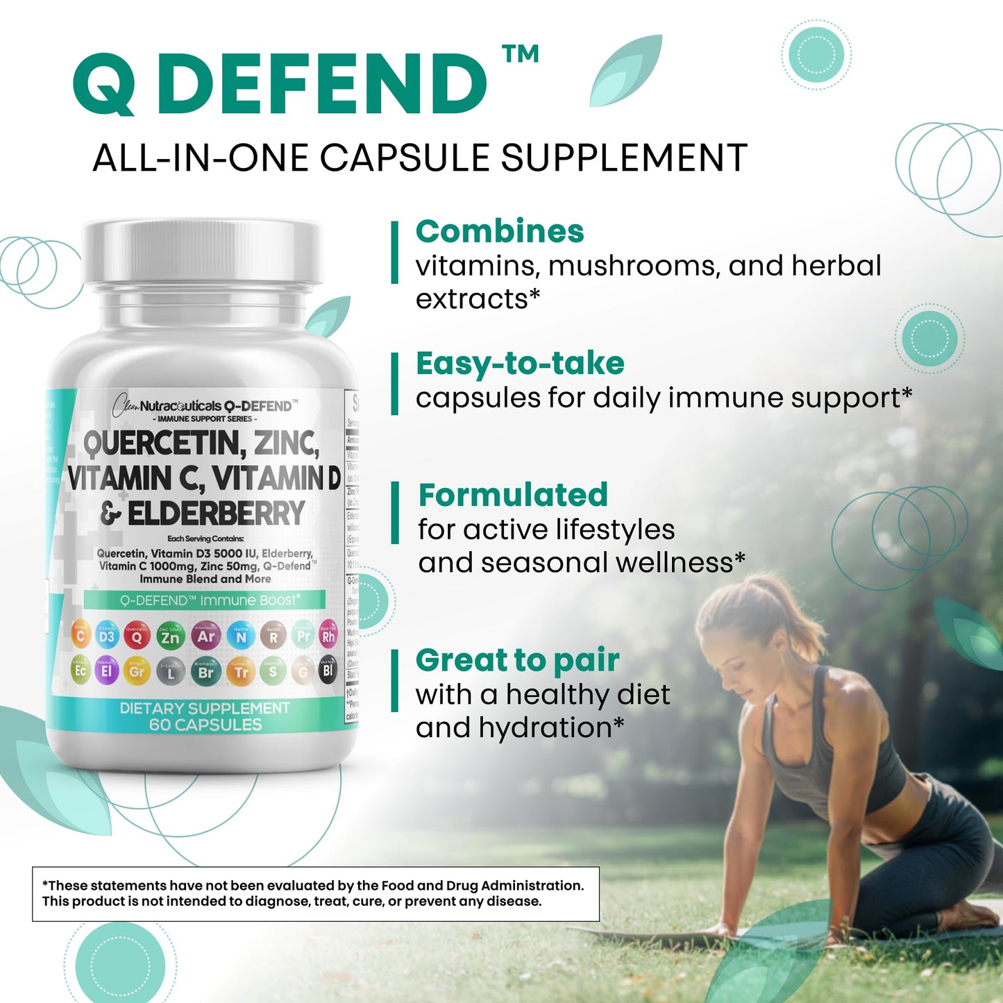 Clean Nutraceuticals Q-Defend Immune Blend: Quercetin, Zinc, Vitamin C & D, Bromelain & Elderberry for Lung Immune Support (60 Count Pack of 5)