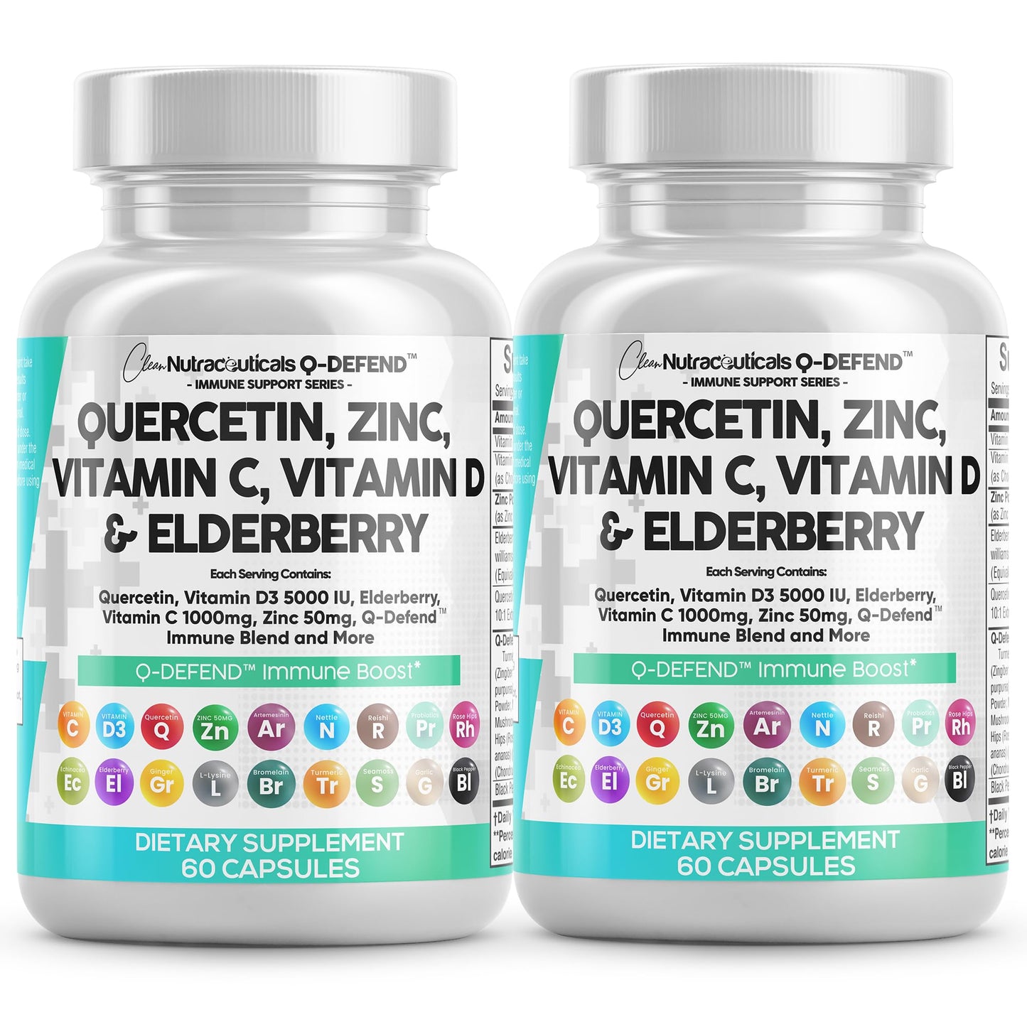 Clean Nutraceuticals Quercetin, Zinc, Vitamin C & D, Bromelain, Elderberry – Lung Immune Support (60 Count x 2)