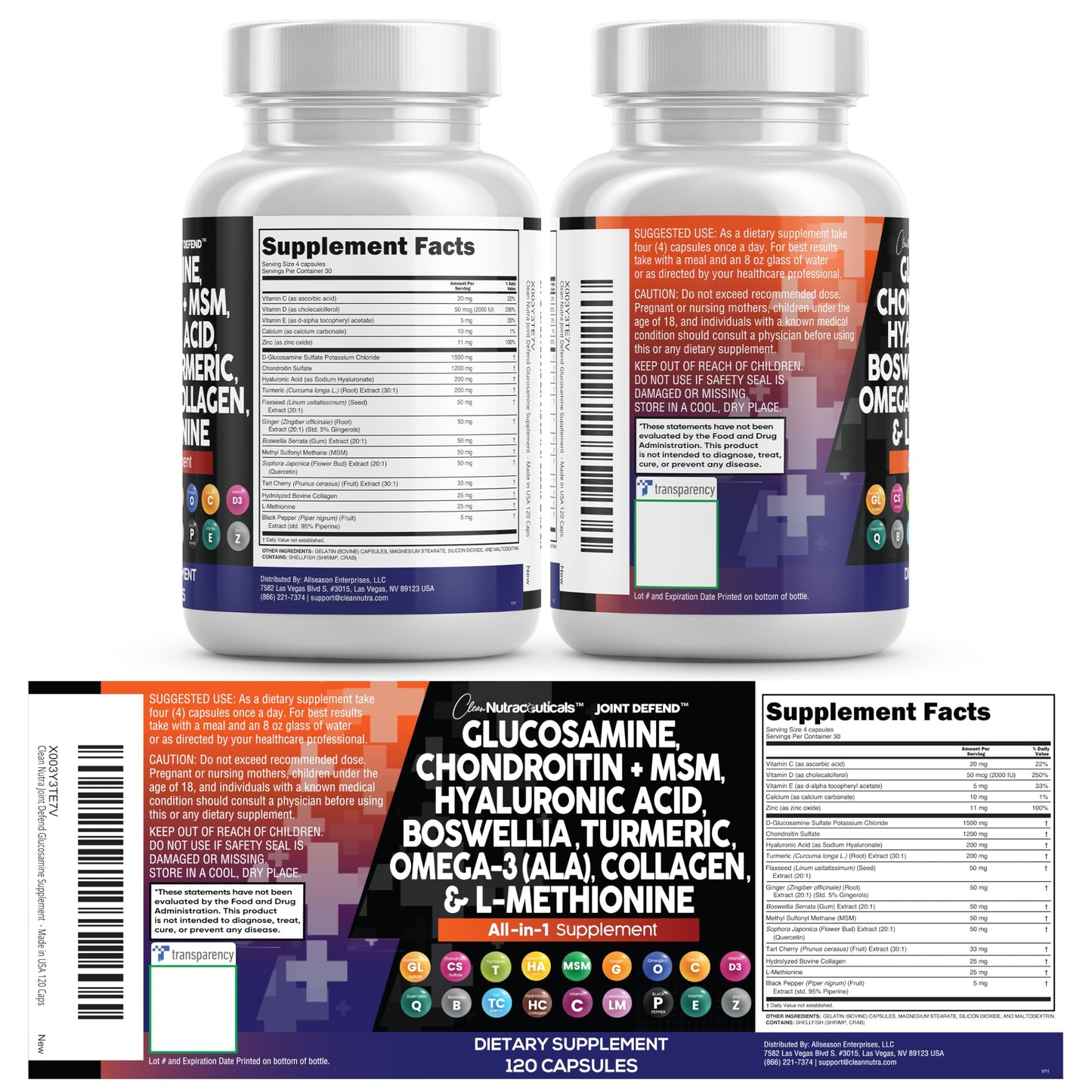Clean Nutraceuticals Joint Defend – 15-in-1 Joint Health Capsule (Glucosamine 1500mg, Turmeric Curcumin, MSM, Collagen, Hyaluronic Acid, Omega-3) Pack of 2