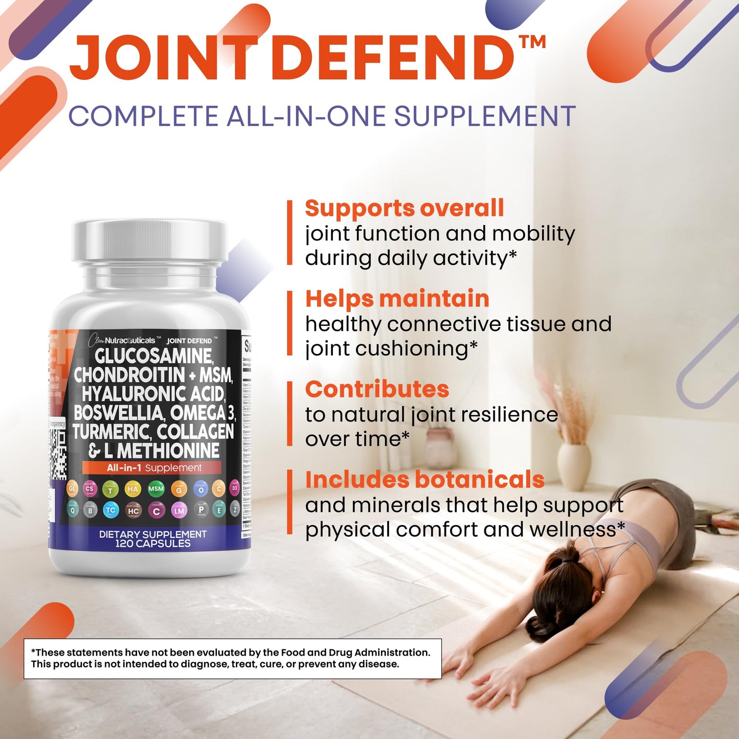 Clean Nutraceuticals Joint Defend – 15-in-1 Joint Health Capsule (Glucosamine 1500mg, Turmeric Curcumin, MSM, Collagen, Hyaluronic Acid, Omega-3) Pack of 2