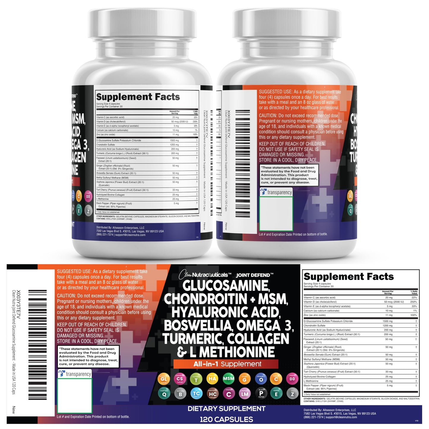 Clean Nutraceuticals Joint Defend – 15-in-1 Joint Health Capsule (Glucosamine 1500mg, Turmeric Curcumin, MSM, Collagen, Hyaluronic Acid, Omega-3) Pack of 2