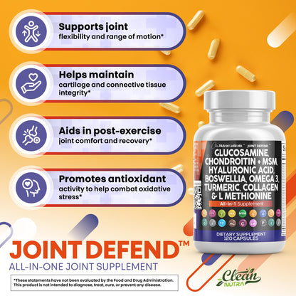Clean Nutraceuticals Joint Defend – 15-in-1 Joint Health Capsule (Glucosamine 1500mg, Turmeric Curcumin, MSM, Collagen, Hyaluronic Acid, Omega-3) Pack of 2