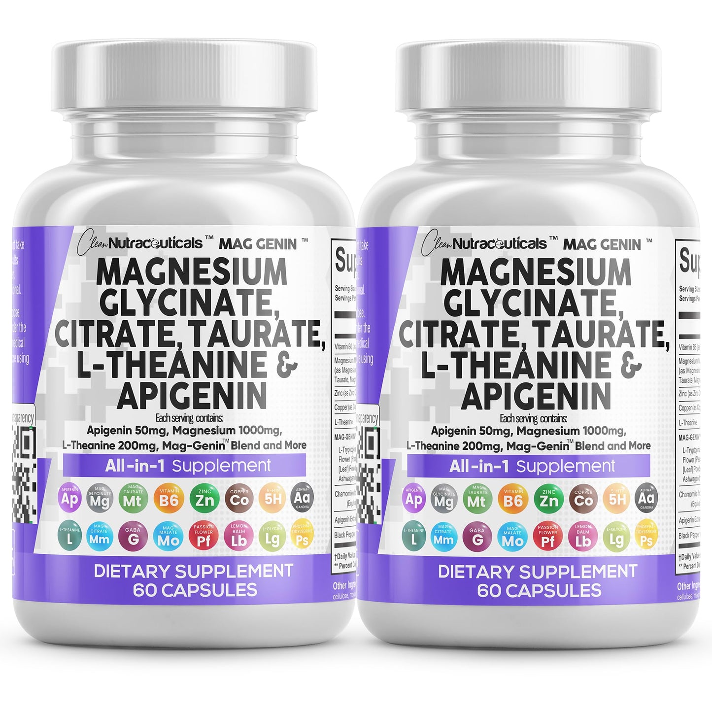 Clean Nutraceuticals Magnesium Glycinate Complex 1000mg with L-Theanine 200mg and Apigenin 50mg Citrate Taurate – 60 Count Pack of 2