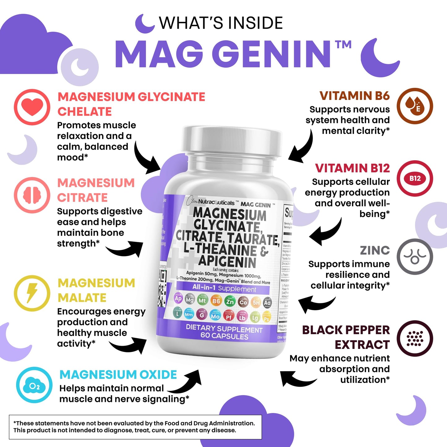 Clean Nutraceuticals Magnesium Glycinate Complex 1000mg with L-Theanine 200mg and Apigenin 50mg Citrate Taurate – 60 Count Pack of 2